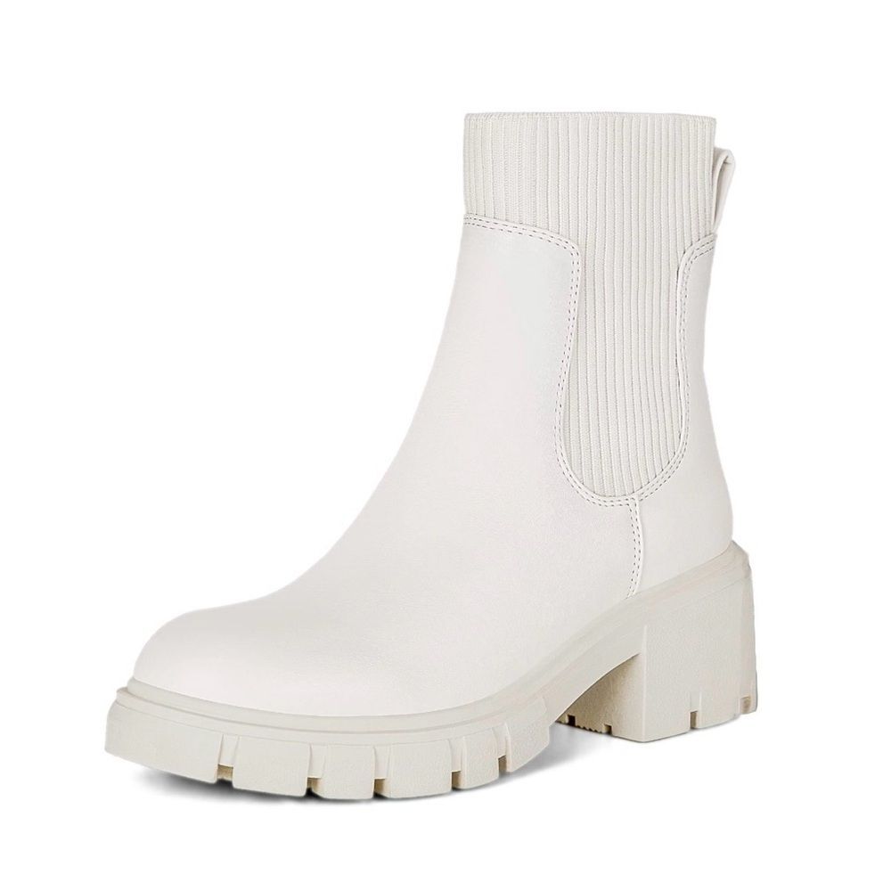 Athlefit Women's White Chelsea Boots Platform Ankle Boots Slip On Chunky 6
